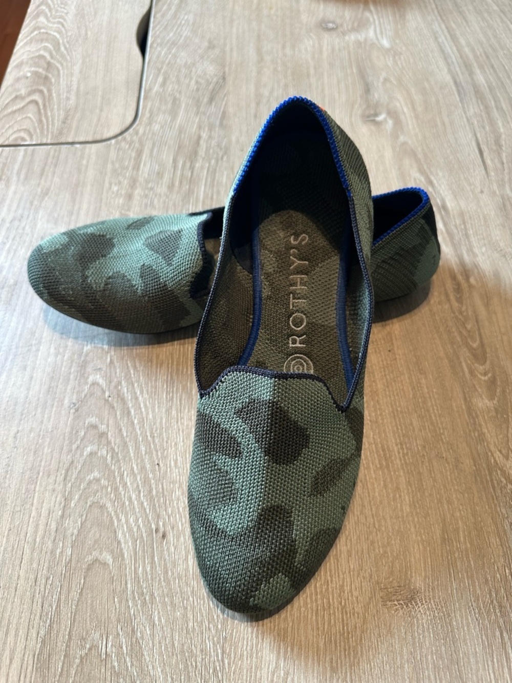 Rothy's Olive Green Camo Knit Slip-On Flats with Blue Trim - Picture 2 of 4